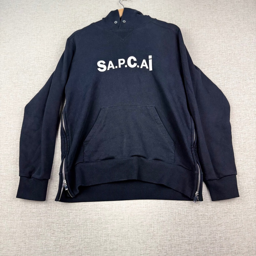 APC x Sacai Kiyo Mens Medium Side Zip Hoodie Navy Blue Logo Sweatshirt